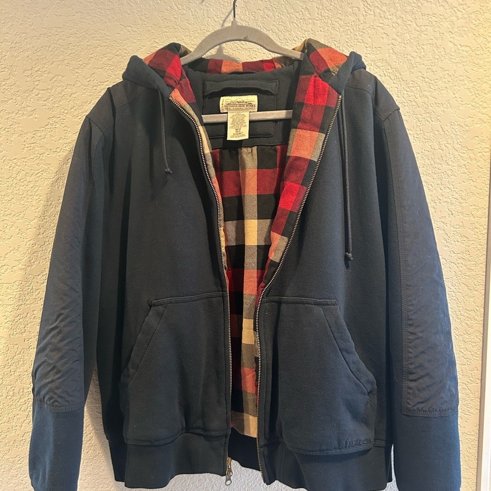 L.L. Bean Men's Black Hoodie with Red and Beige Plaid Lining